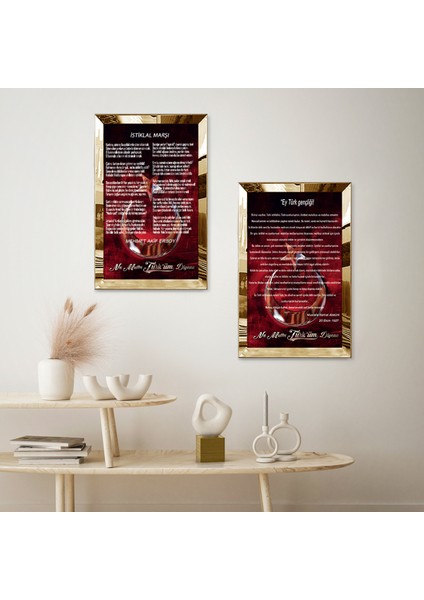 Gold Aynalı Pleksi Çerçeveli Istiklal Marşı ve Gençliğe Hitabe Dekoratif Ikili Mdf Tablo Seti fiyatları