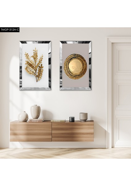 Gümüş Aynalı Pleksi Çerçeveli Gold Kurutulmuş Çiçek Modern Ikili Mdf Tablo Seti
