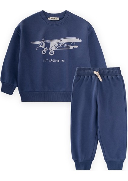 Planör Baskılı Sweatshirt Takım 2-10 Yaş Indigo Mavi