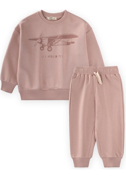 Planör Baskılı Sweatshirt Takım 2-10 Yaş Bej