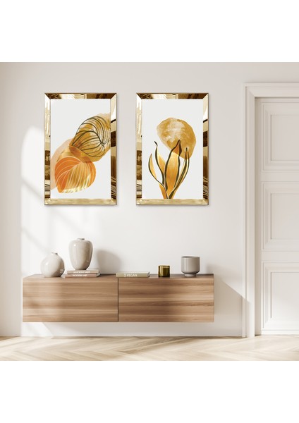 Gold Aynalı Pleksi Çerçeveli Beyaz Planlı Soyut Dekoratif Çiçek Ikili Mdf Tablo Seti