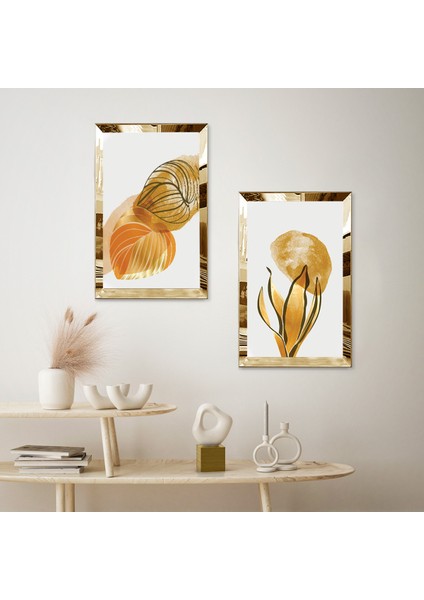 Gold Aynalı Pleksi Çerçeveli Beyaz Planlı Soyut Dekoratif Çiçek Ikili Mdf Tablo Seti fiyatları