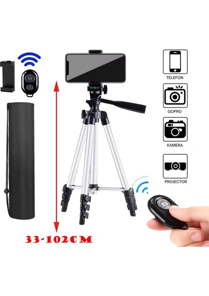 102 cm Hafif Tripod  Telefon/kamera Uyumlu Bluetooth Uzaktan Deklanşörlü 360° 3-Yönlü Kafa/siyah fiyatları