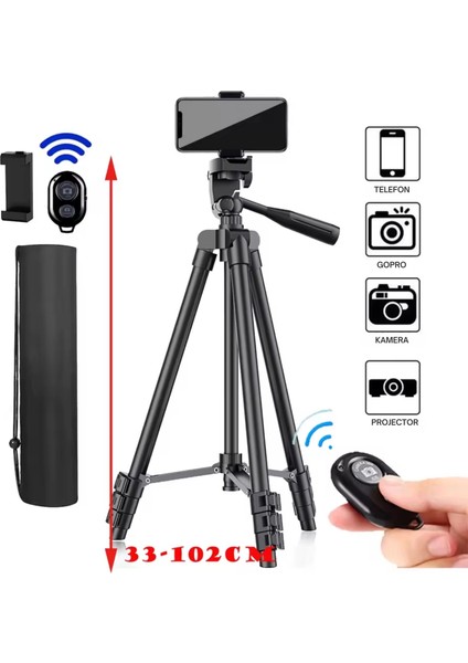 102 cm Hafif Tripod  Telefon/kamera Uyumlu Bluetooth Uzaktan Deklanşörlü 360° 3-Yönlü Kafa/siyah modelleri
