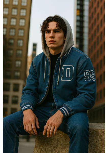 Erkek Içi Kürklü Kapşonlu Mavi Kot Kolej Mont fiyatları