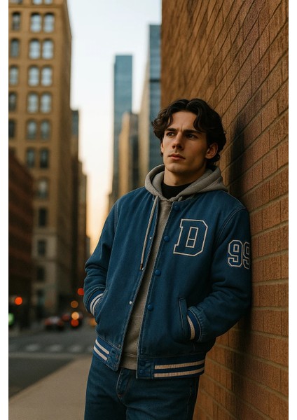 Erkek Içi Kürklü Kapşonlu Mavi Kot Kolej Mont modelleri