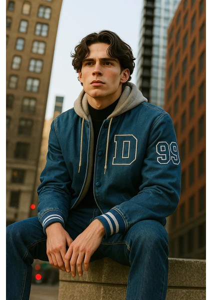 Erkek Içi Kürklü Kapşonlu Mavi Kot Kolej Mont fırsatları