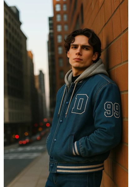 Erkek Içi Kürklü Kapşonlu Mavi Kot Kolej Mont indirimleri