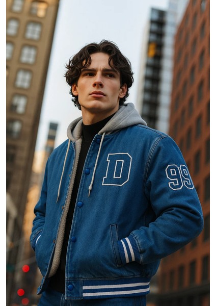 Erkek Içi Kürklü Kapşonlu Mavi Kot Kolej Mont