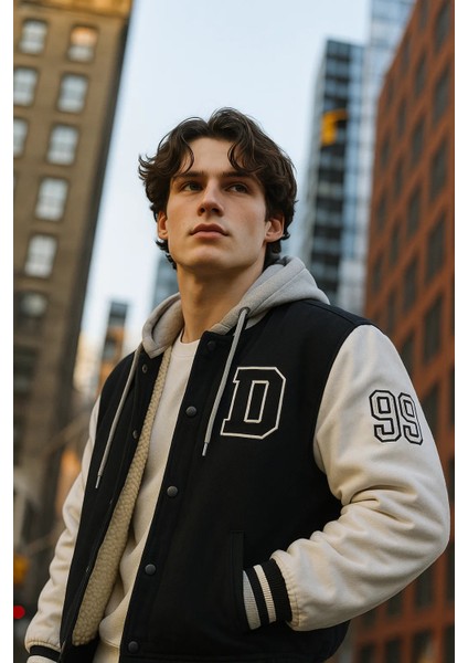 Erkek Içi Kürklü Kapşonlu Siyah Kot Kolej Mont