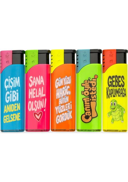 Renkli ve Baskılı Beşli Çakmak Seti – Karışık Tasarımlı