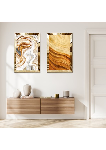 Gold Aynalı Pleksi Çerçeveli Renkli Soyut Kum Desenli Ikili Mdf Tablo Seti