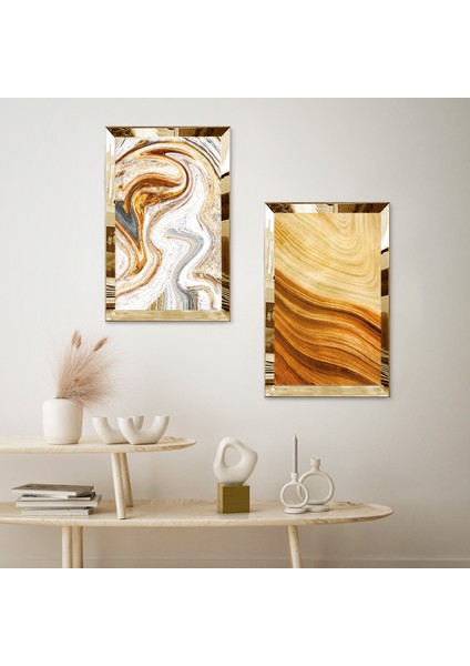 Gold Aynalı Pleksi Çerçeveli Renkli Soyut Kum Desenli Ikili Mdf Tablo Seti fiyatları