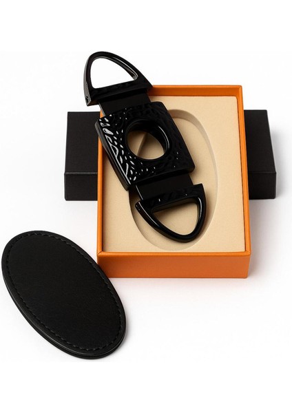 Lüks Çift Bıçaklı Siyah Desenli Puro Makası – Deri Kılıflı ve Hediye Kutulu fiyatları