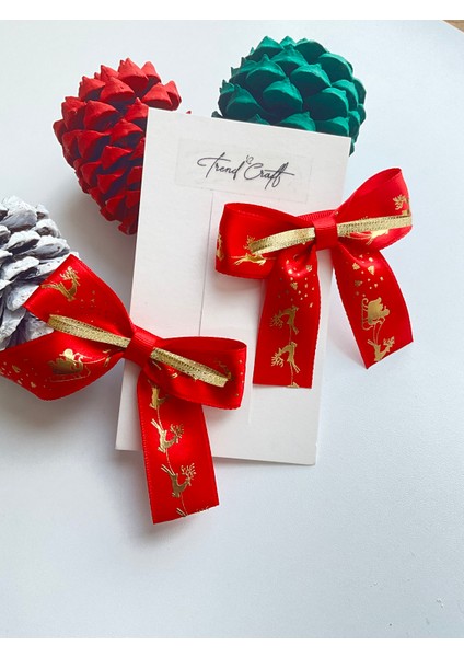 Kırmızı Kurdeleli Yılbaşı Temalı Özel Tasarım 2’li Klips Toka