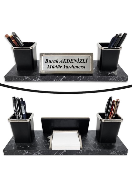 Nevila Siyah Mermer Desen Lüks Masa Isimliği Kalemlik Notluk Isimlik Seti