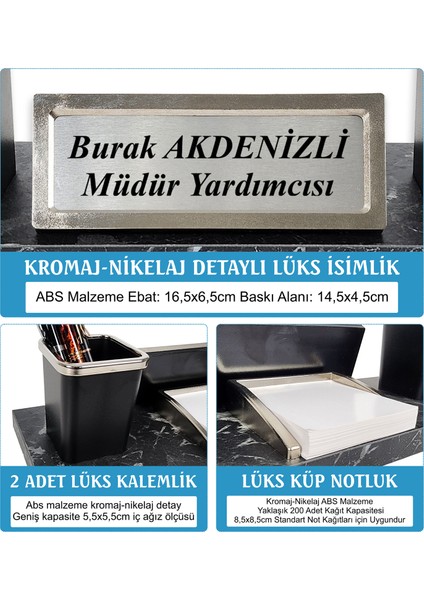 Nevila Siyah Mermer Desen Lüks Masa Isimliği Kalemlik Notluk Isimlik Seti modelleri