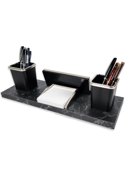 Nevila Siyah Mermer Desen Lüks Masa Isimliği Kalemlik Notluk Isimlik Seti