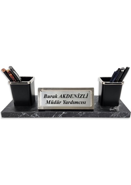 Nevila Siyah Mermer Desen Lüks Masa Isimliği Kalemlik Notluk Isimlik Seti
