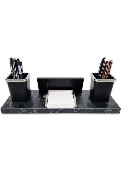 Nevila Siyah Mermer Desen Lüks Masa Isimliği Kalemlik Notluk Isimlik Seti