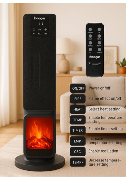 German 2701 L Black OLED Şömineli Ekran Dijital Göstergeli Kule Tipi Seramik Fanlı Isıtıcı indirimleri