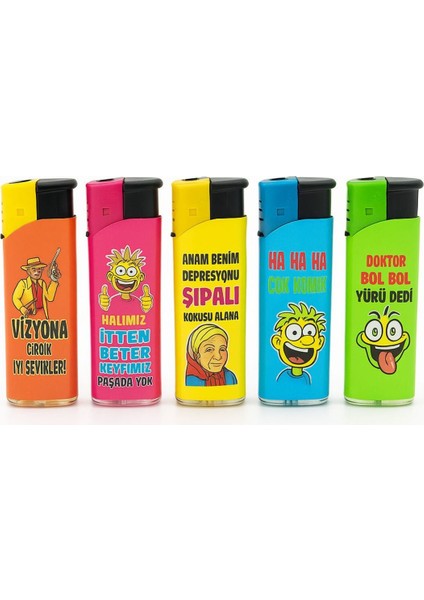 Renkli ve Baskılı Beşli Çakmak Seti – Karışık Tasarımlı