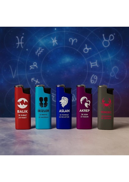 “metal Burç Serisi 5’li Pürmüz Çakmak Seti – Aslan, Balık, Akrep, Ikizler, Yengeç”