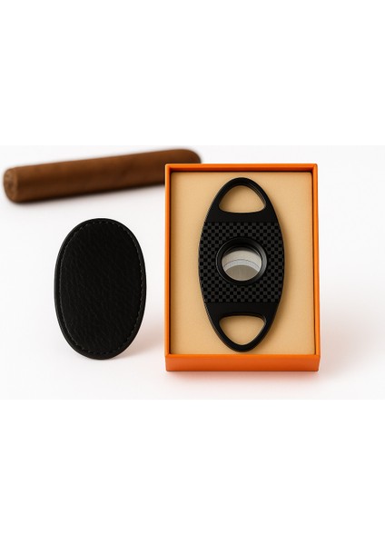 Karbon Desenli Çelik Puro Kesici – Çift Taraflı Mekanizma ve Deri Kılıf fiyatları