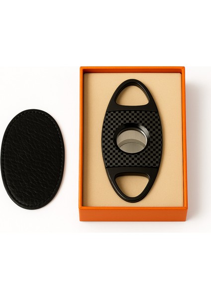 Karbon Desenli Çelik Puro Kesici – Çift Taraflı Mekanizma ve Deri Kılıf fırsatları