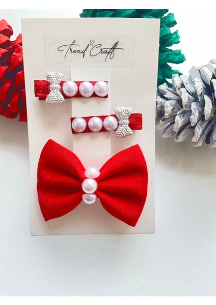 Kırmızı Fiyonklu Incili Özel Tasarım 3’lü Klipsli Toka Seti