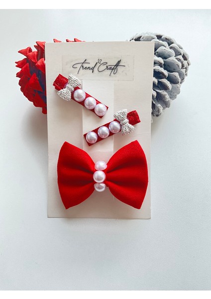 Kırmızı Fiyonklu Incili Özel Tasarım 3’lü Klipsli Toka Seti fiyatları