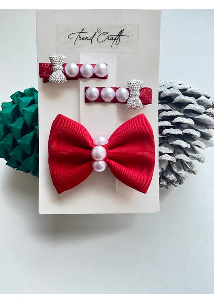 Kırmızı Fiyonklu Incili Özel Tasarım 3’lü Klipsli Toka Seti modelleri