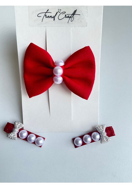 Kırmızı Fiyonklu Incili Özel Tasarım 3’lü Klipsli Toka Seti fırsatları