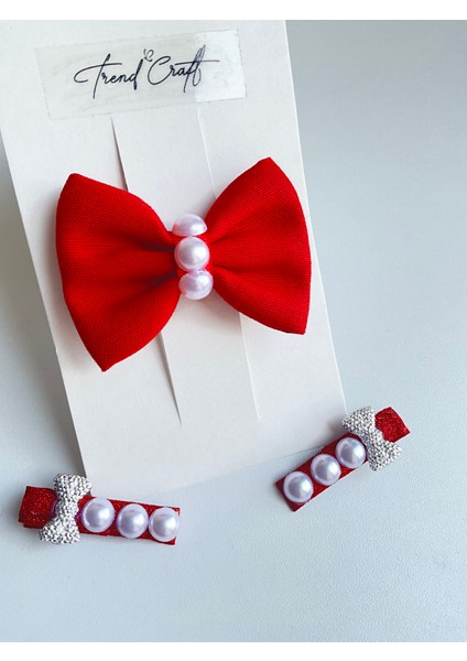 Kırmızı Fiyonklu Incili Özel Tasarım 3’lü Klipsli Toka Seti indirimleri