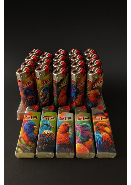 Str Kuş Desenli Gazlı Taşlı Çakmak – 25’li Set