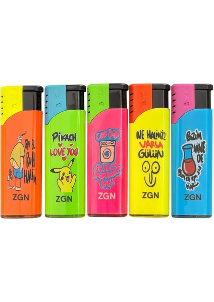 Renkli ve Baskılı Beşli Çakmak Seti – Karışık Tasarımlı