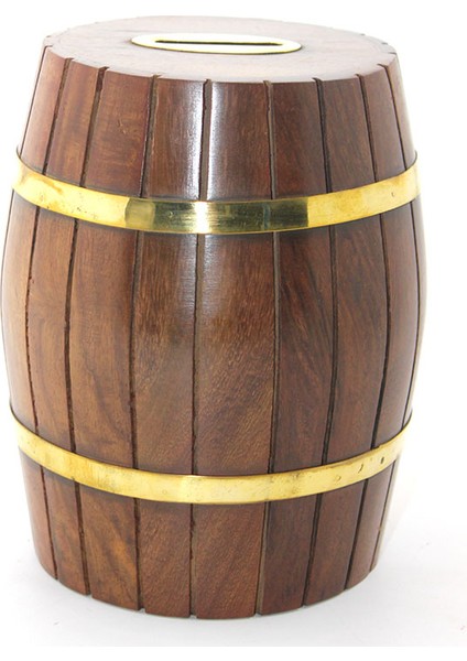 Pirinç Ahşap Fıçı Kumbara 15 cm