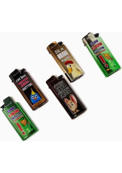 Metal Taşlı Esprili Çakmak 5’li Set – Dayanıklı ve Şık Tasarım