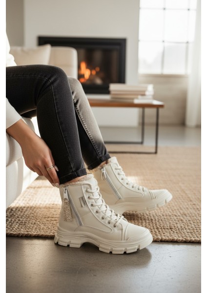 Conpax 5428 Bej Kadın Fermuarlı & Bağcıklı Bot