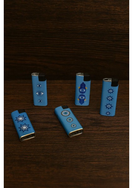 5’li Nazar Boncuğu Desenli Metal Çakmak Seti – Gazlı, Şık ve Dayanıklı