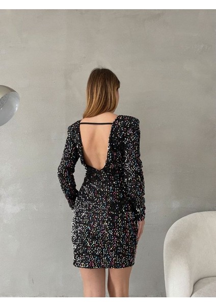 Kadın Uzun Kollu Vatka Detay Full Pul Payet Mini Elbise fırsatları