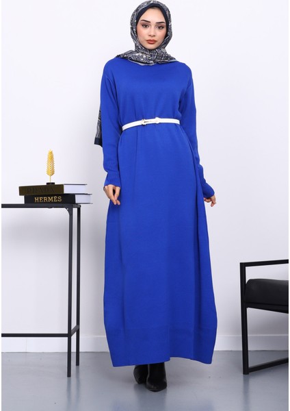 Saks Mavi Bisiklet Yaka Triko Elbise