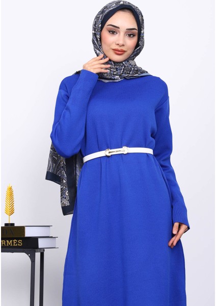 Saks Mavi Bisiklet Yaka Triko Elbise modelleri