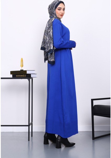 Saks Mavi Bisiklet Yaka Triko Elbise fırsatları