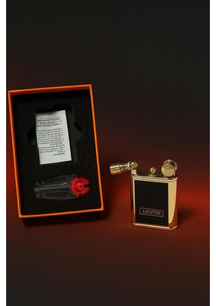 Retro Gold Siyah Metal Benzinli Çakmak | Hediye Kutulu Klasik Tasarım