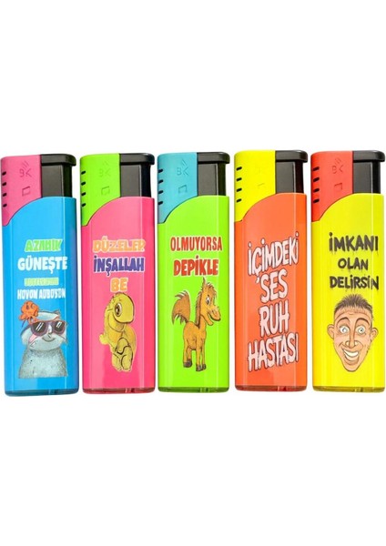 Renkli ve Baskılı Beşli Çakmak Seti – Karışık Tasarımlı