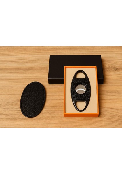 Siyah Desenli Çift Bıçaklı Lüks Puro Kesici – Deri Kılıflı