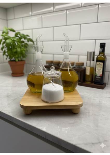 3'lü Cam Yağlık ve Tuzluk Seti – Bambu Altlıklı Şık Sunum Tombul Düz Cam Yağdanlık Set