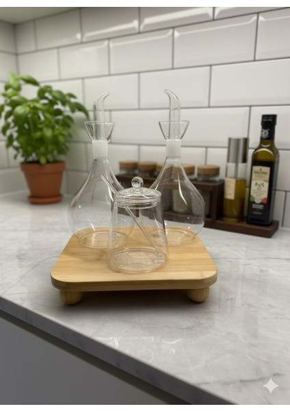 3'lü Cam Yağlık ve Tuzluk Seti – Bambu Altlıklı Şık Sunum Tombul Düz Cam Yağdanlık Set fiyatları