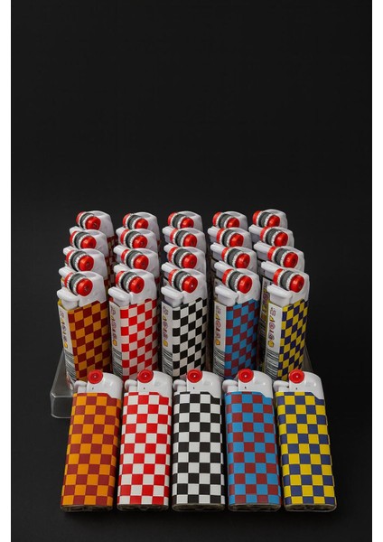 Renkli Kare Desenli Gazlı Taşlı Çakmak – 25’li Set